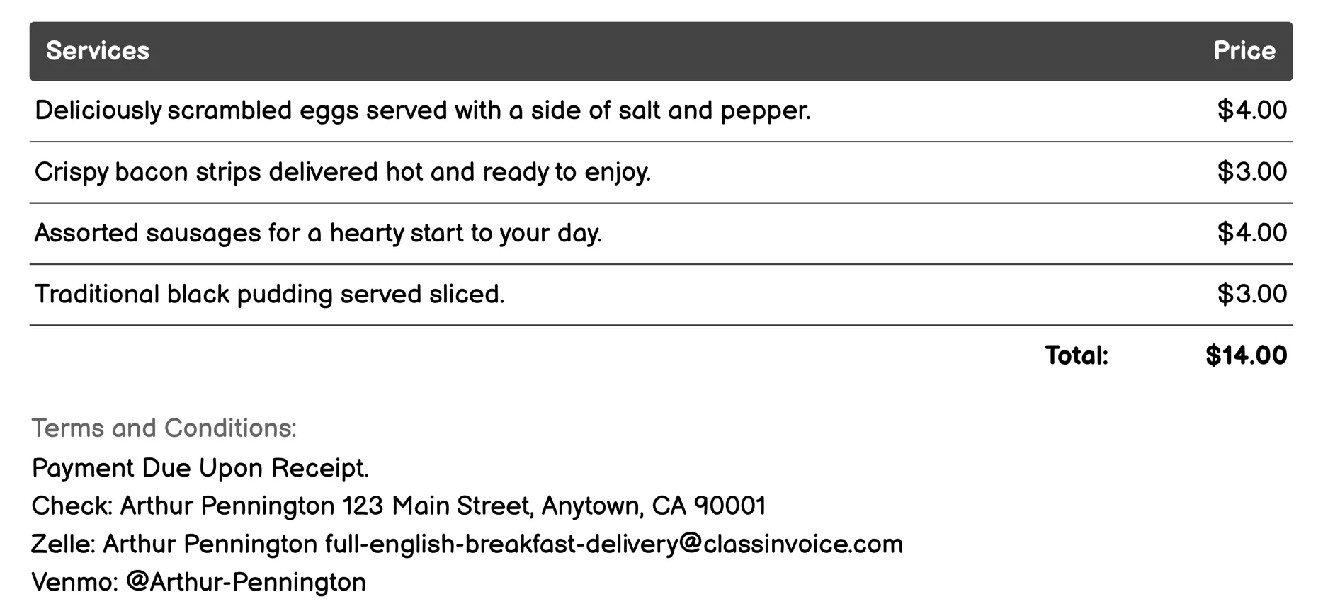 Buffet-Style Delivery Invoice Example