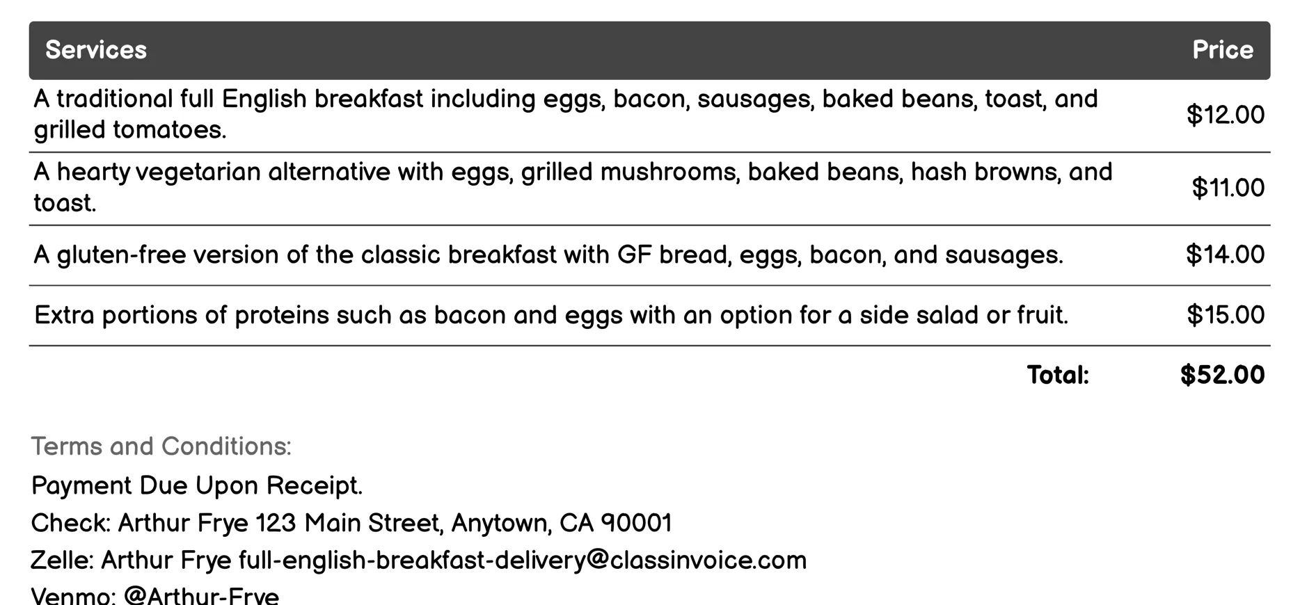 Business Breakfast Service Invoice Example