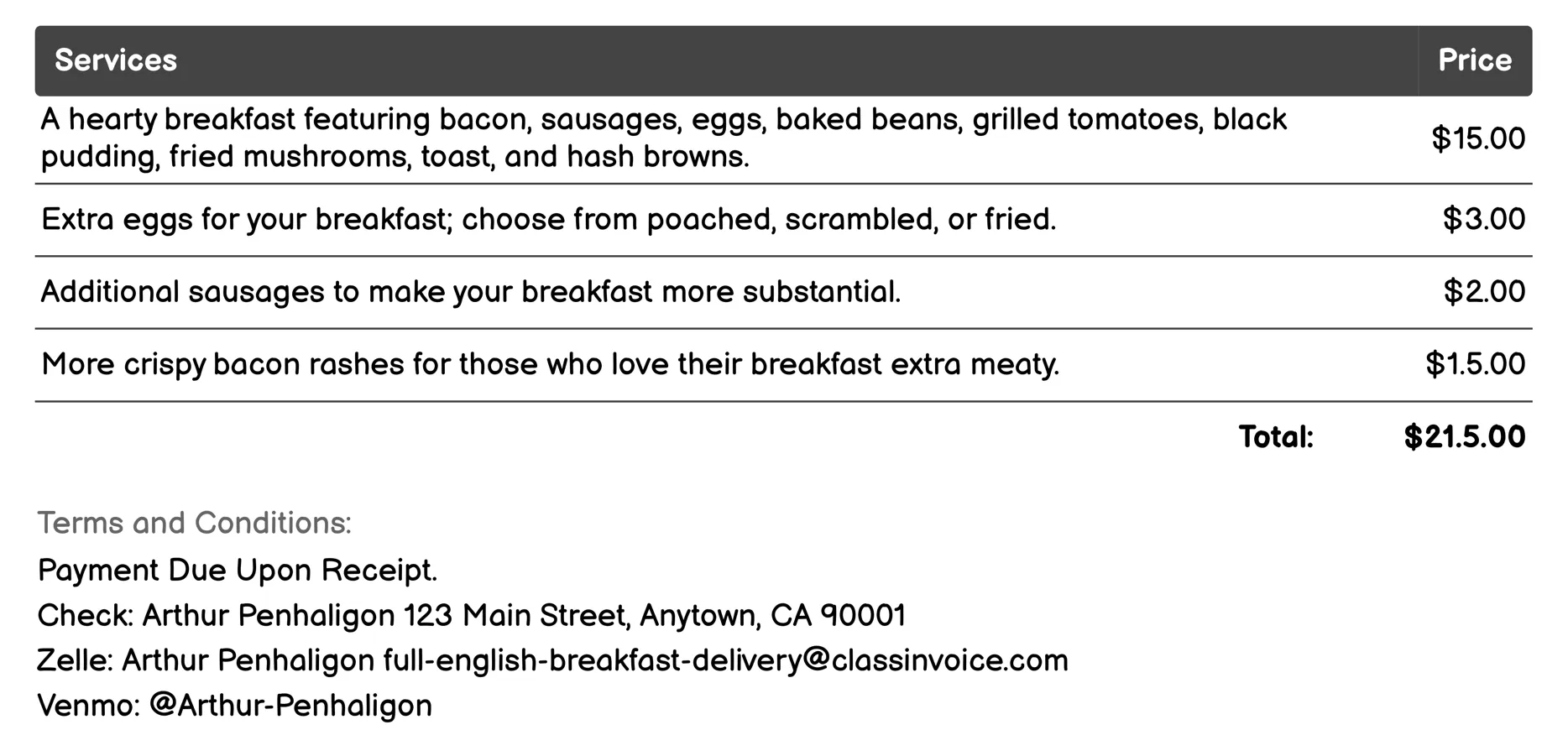 Traditional Full English Invoice Example