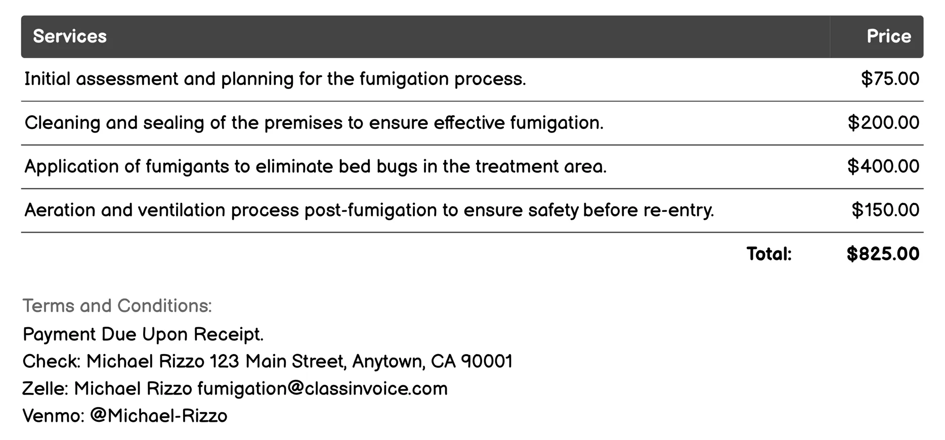 Bed Bug Fumigation Invoice Example