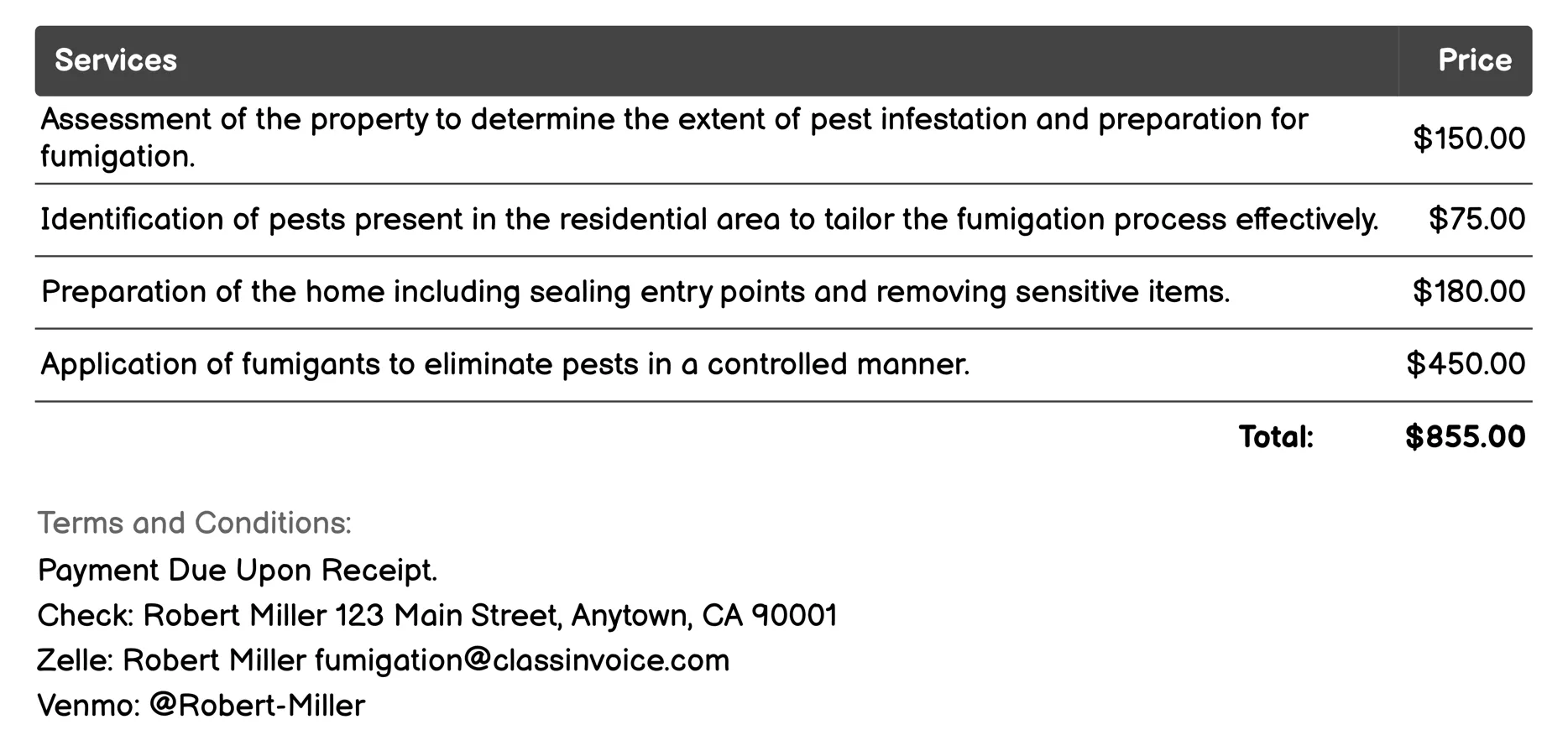 Residential Fumigation Invoice Example