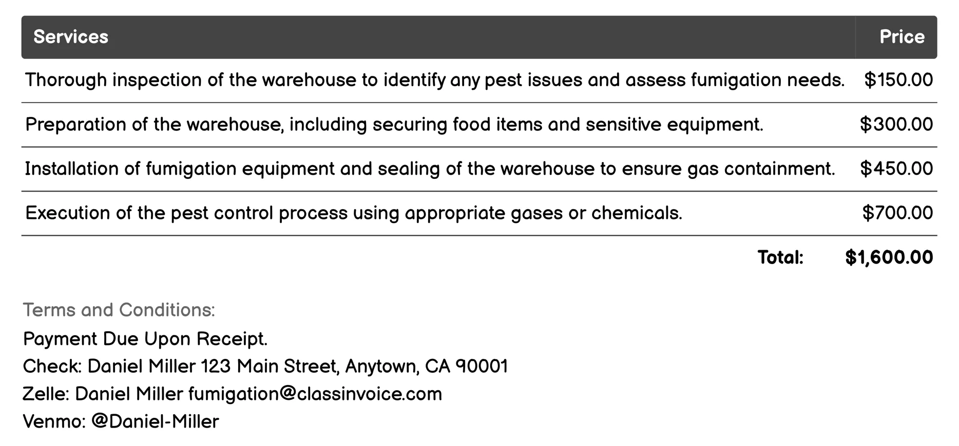 Warehouse Fumigation Invoice Example