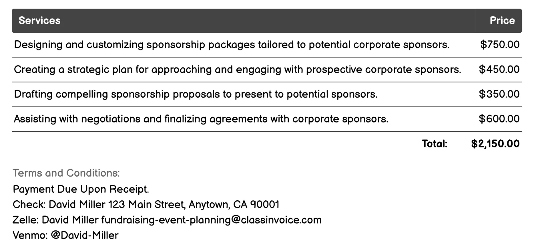 Corporate Sponsorship Coordination Invoice Example