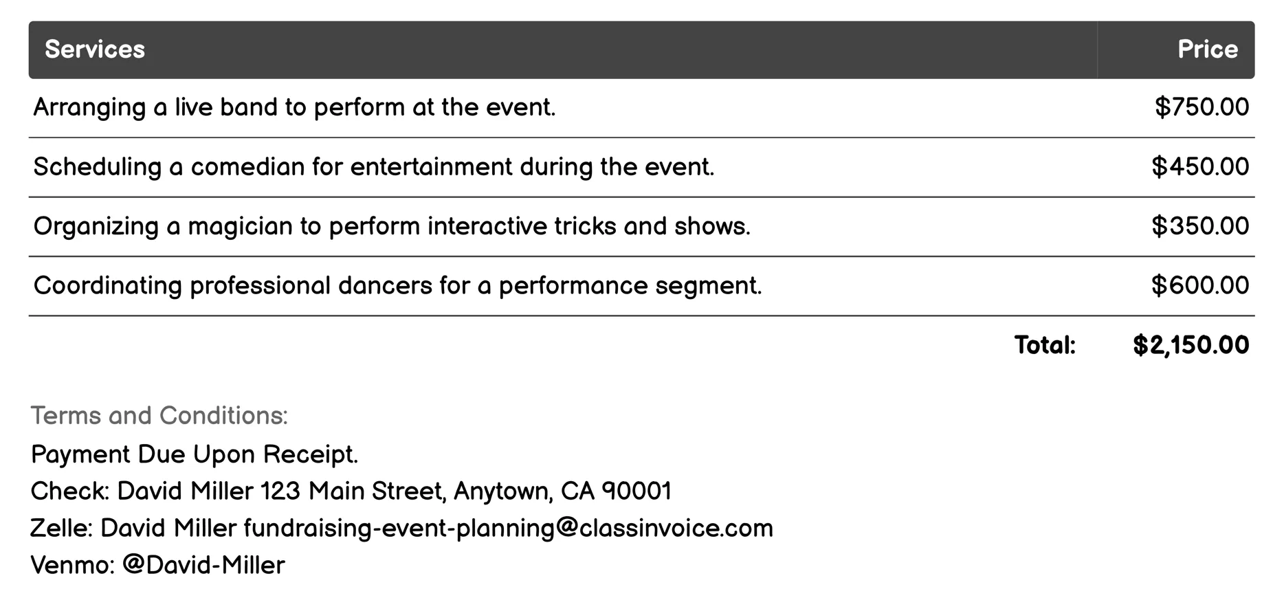 Entertainment and Program Scheduling Invoice Example