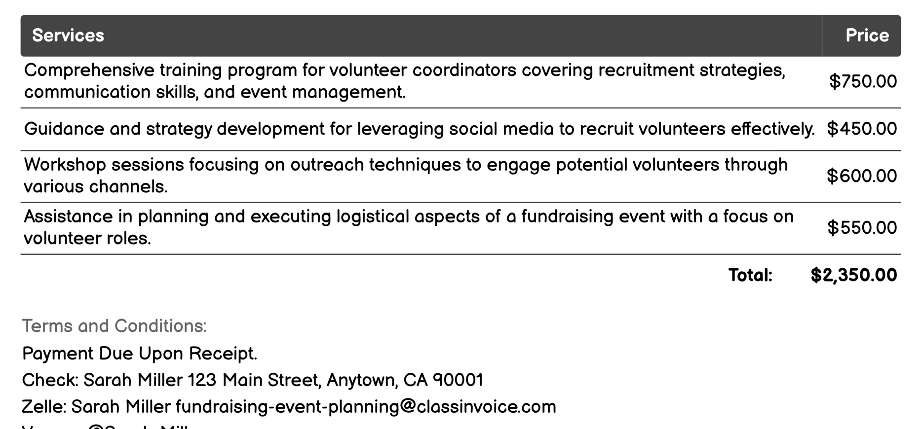 Volunteer Recruitment and Training Invoice Example