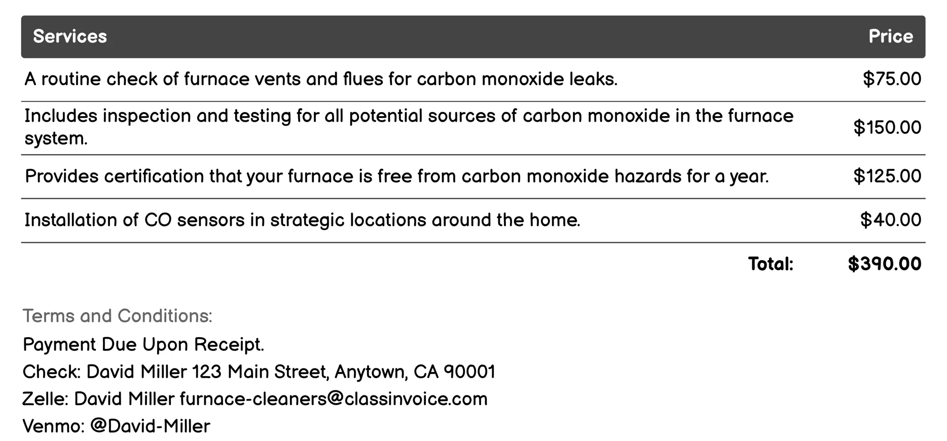 Carbon Monoxide Testing Invoice Example
