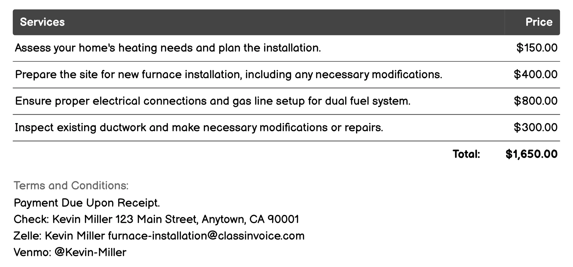 Dual Fuel Furnace Installation Invoice Example