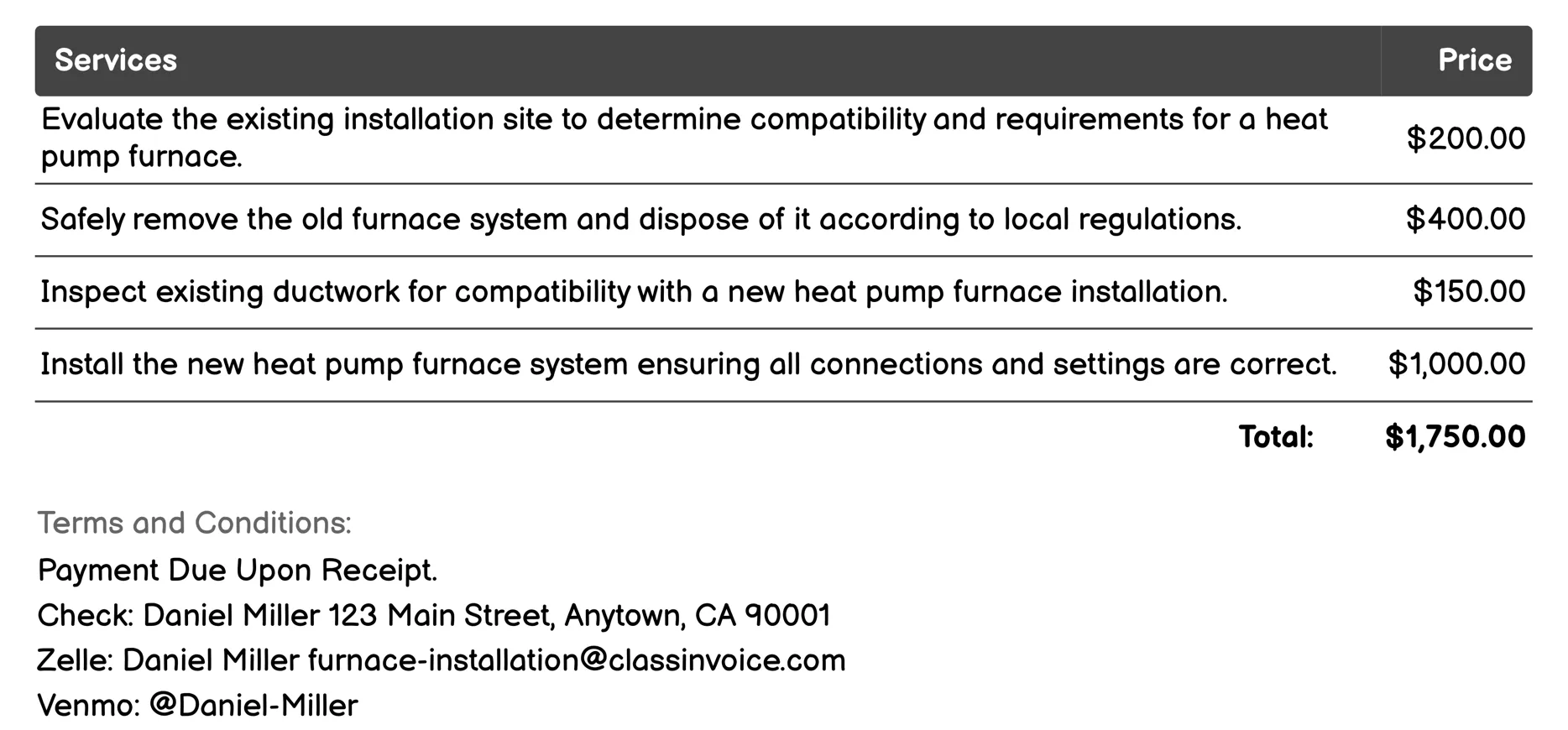 Heat Pump Furnace Installation Invoice Example
