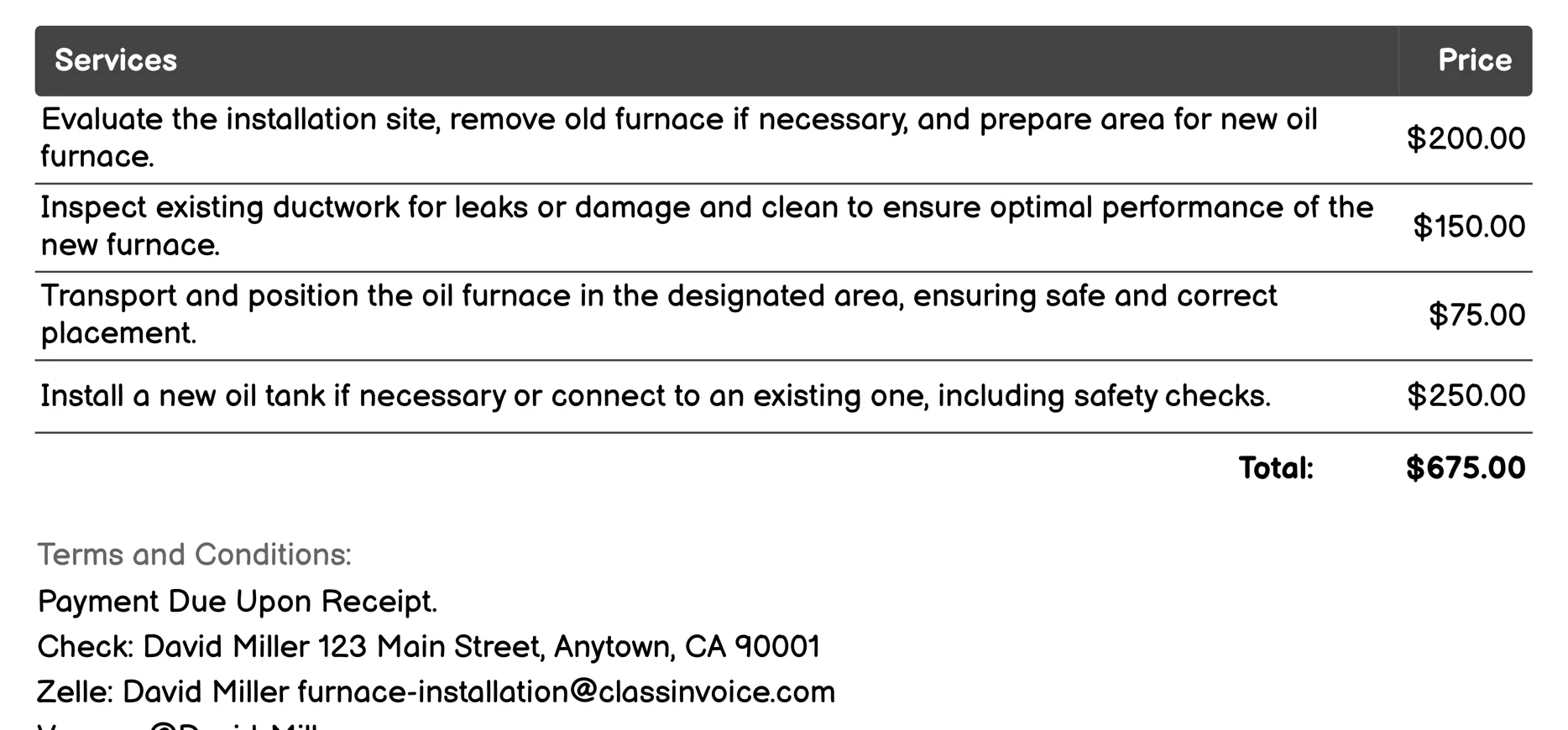 Oil Furnace Installation Invoice Example
