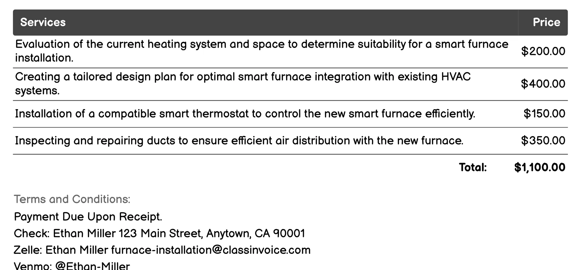 Smart Furnace Installation Invoice Example