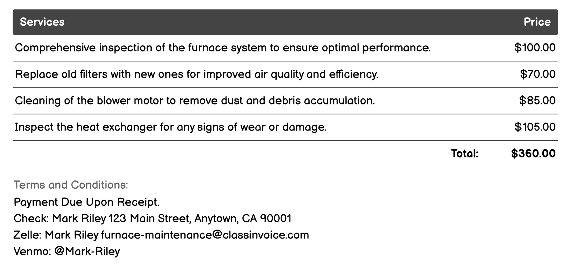 Duct Cleaning Invoice Example