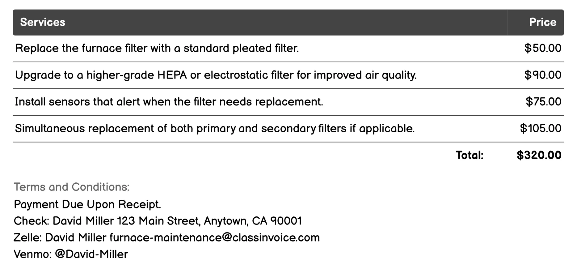Filter Replacement Invoice Example