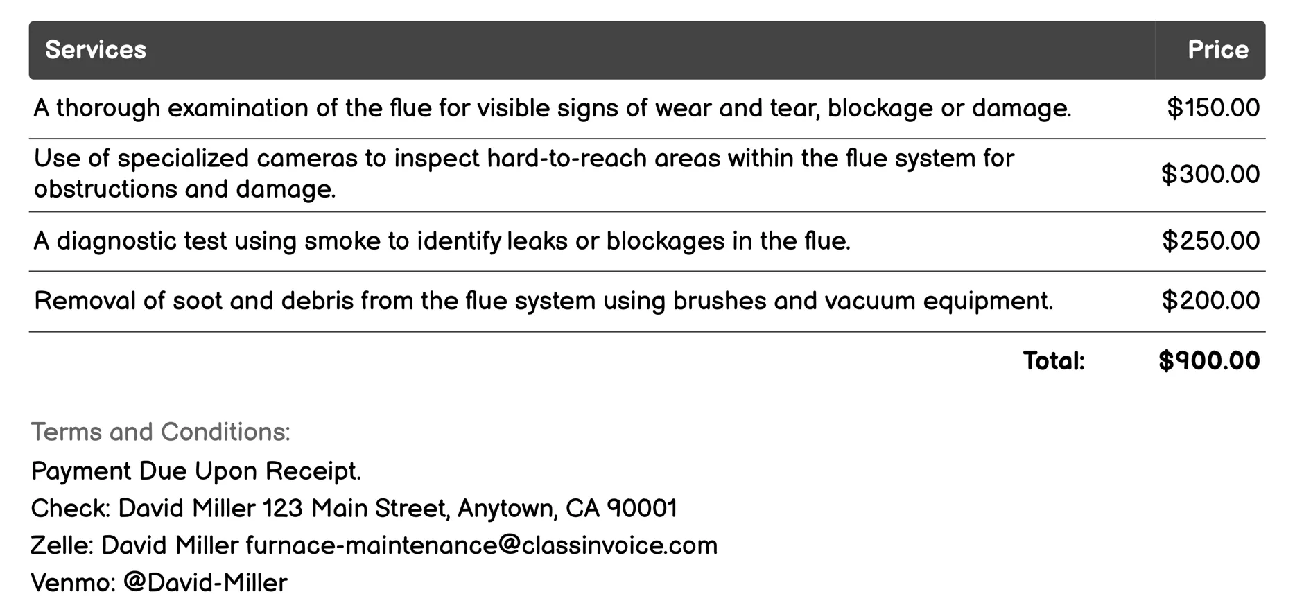 Flue Inspection Invoice Example