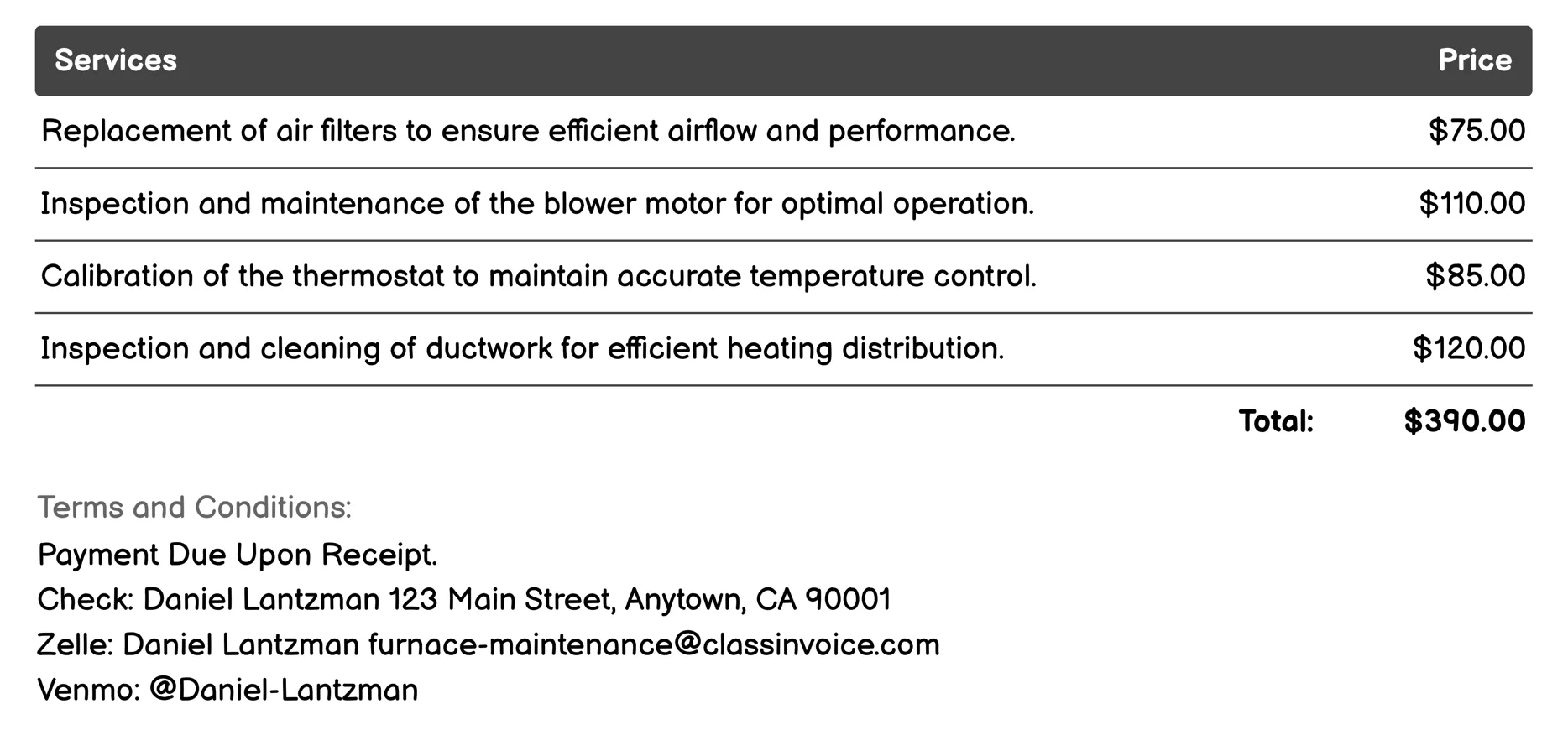 Warranty Service Invoice Example
