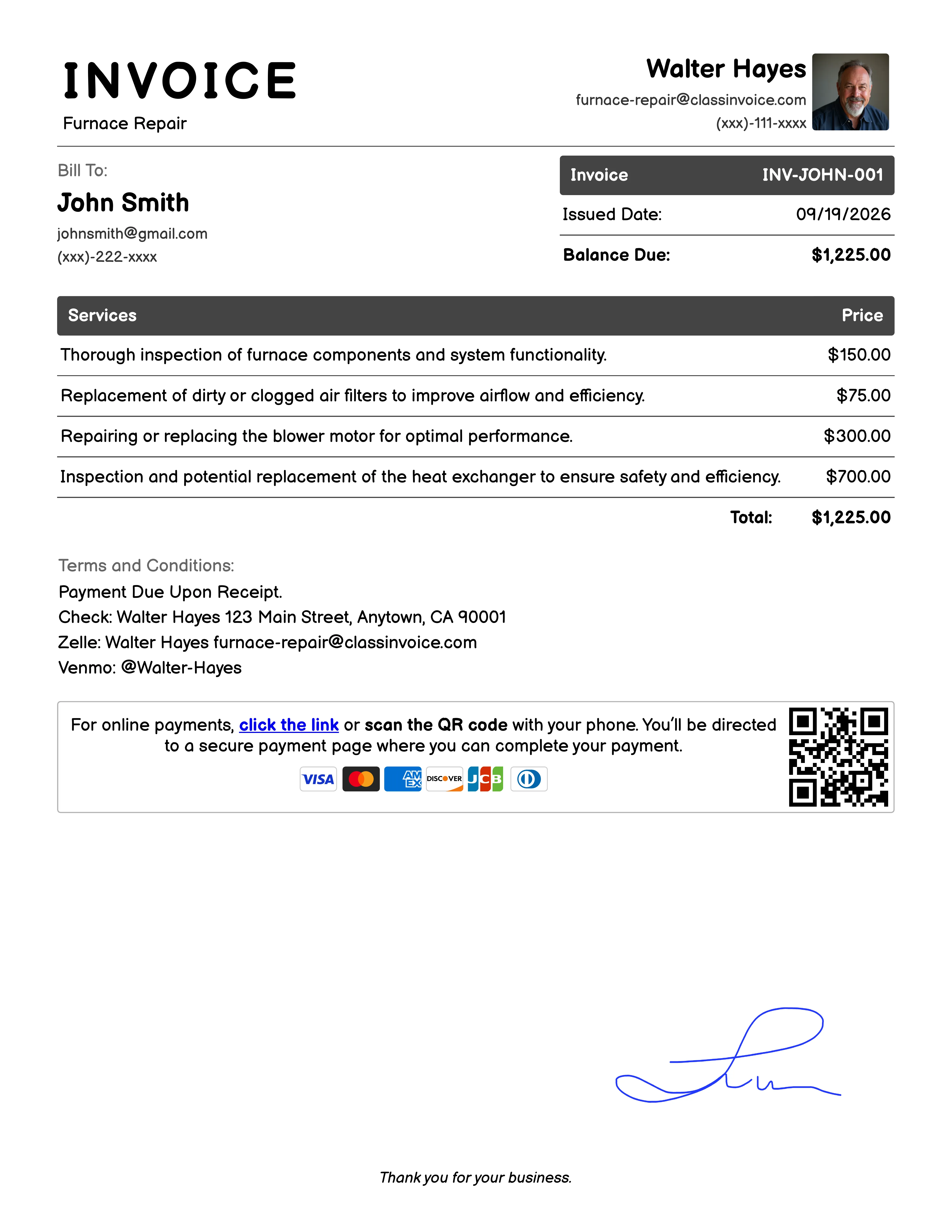 Furnace Repair Invoice Example