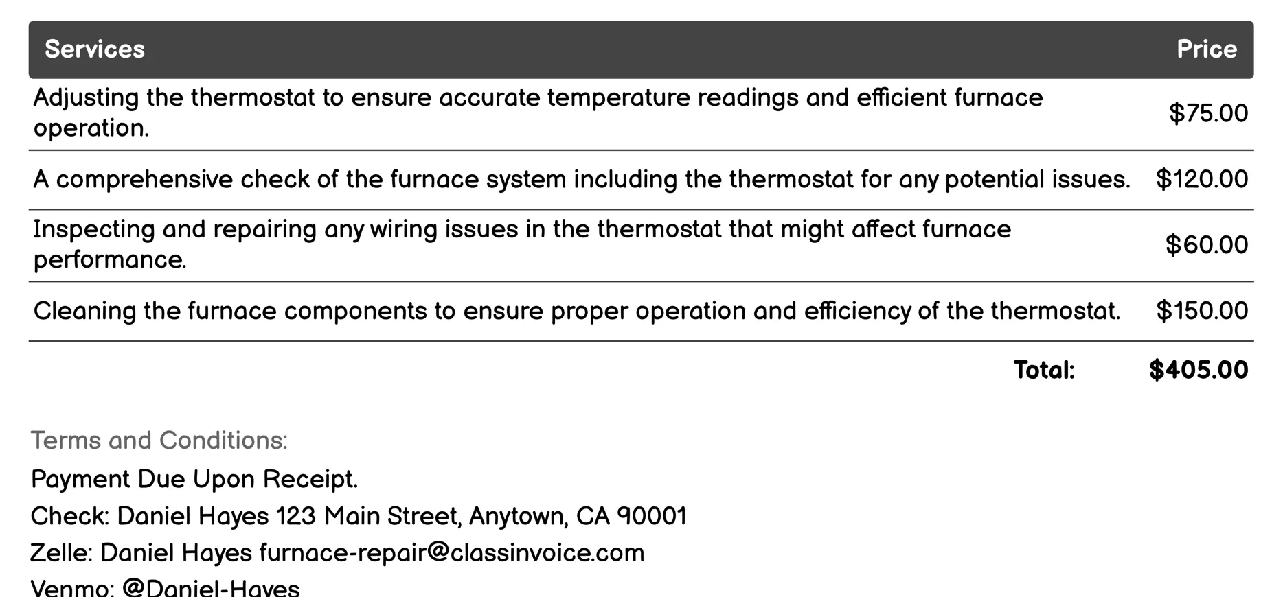 Thermostat Calibration Invoice Example