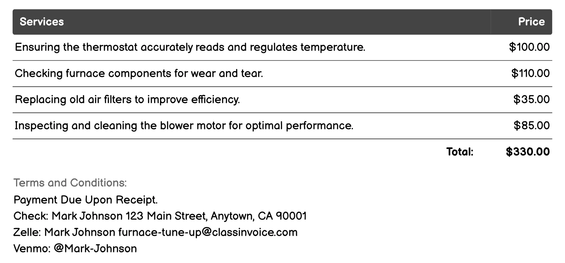 Thermostat Calibration Invoice Example