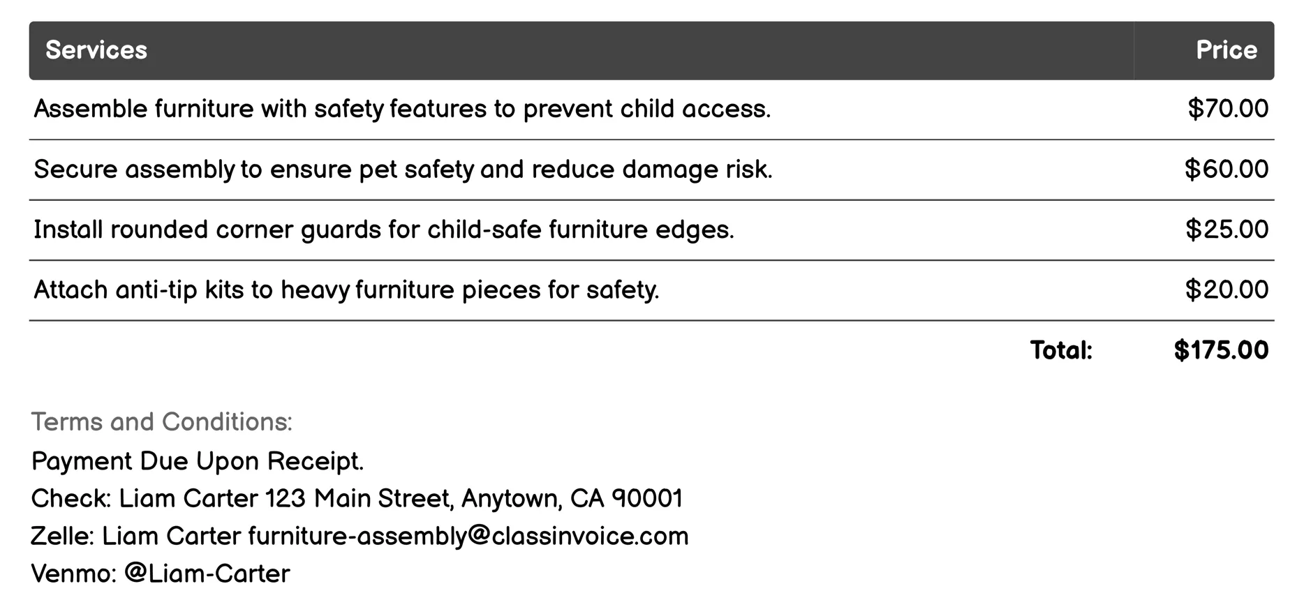 Child- and Pet-Friendly Assembly Invoice Example