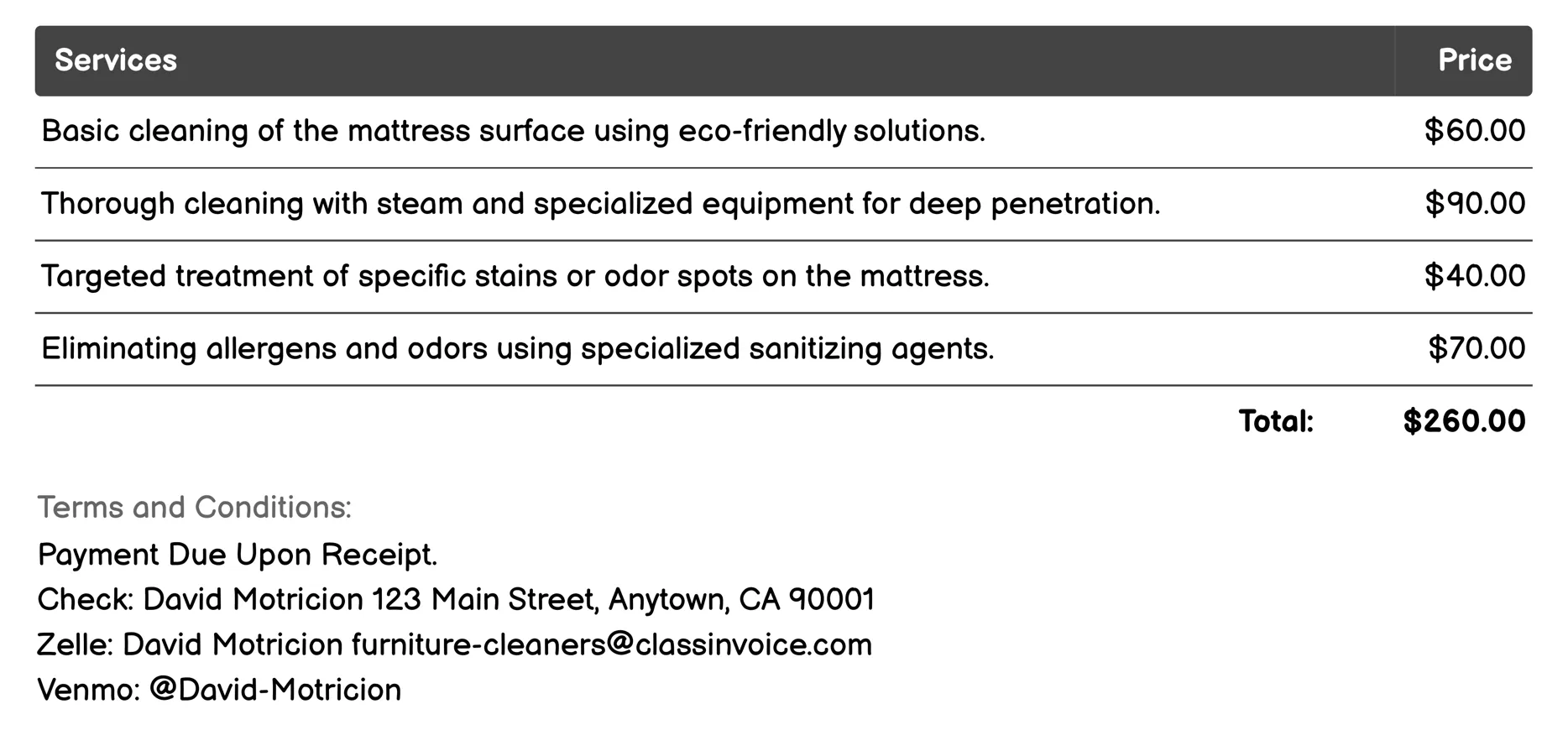 Mattress Cleaning Invoice Example
