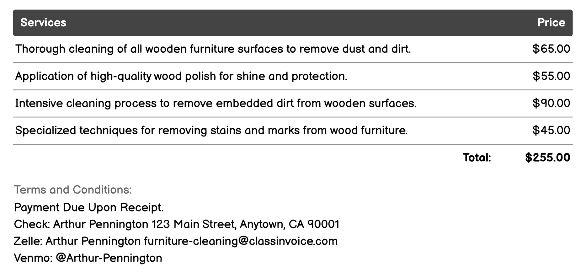 Wood Furniture Polishing Invoice Example