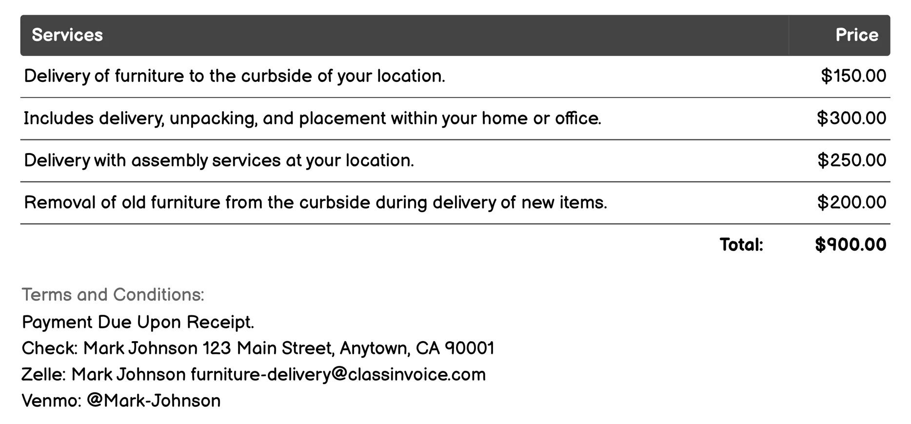 Curbside Furniture Delivery Invoice Example