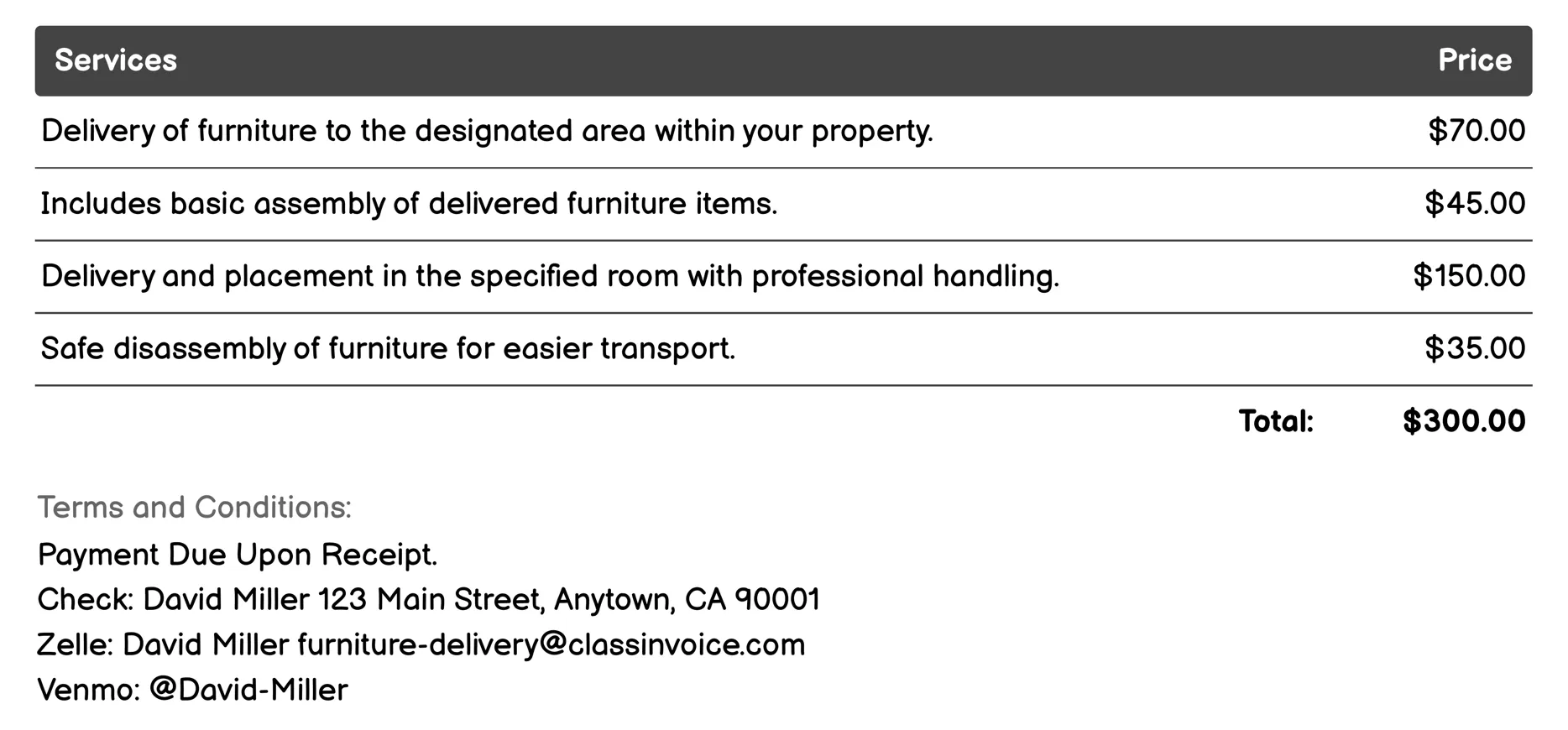 Same-Day Furniture Delivery Invoice Example
