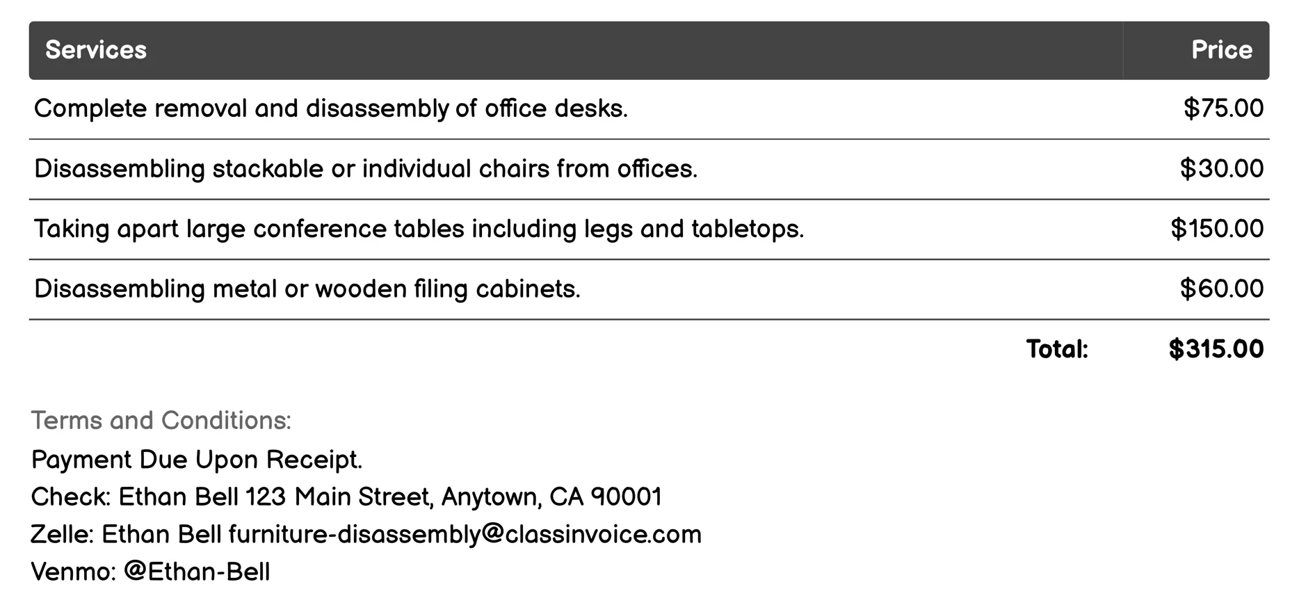 Commercial Furniture Disassembly Invoice Example