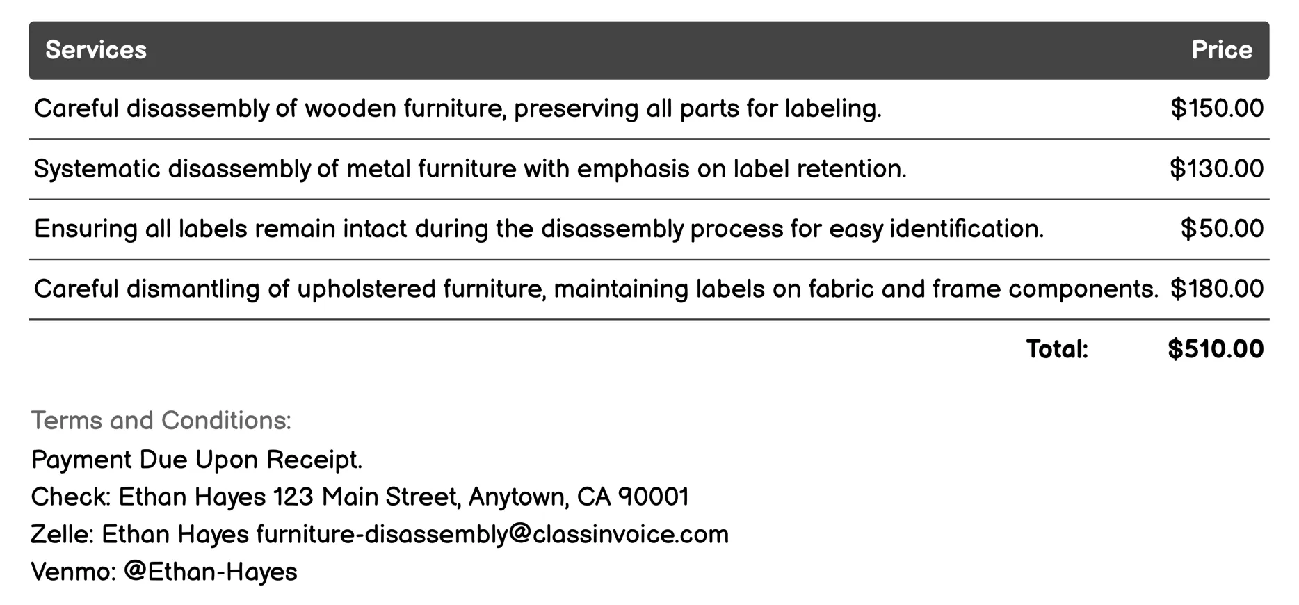Furniture Labeling During Disassembly Invoice Example