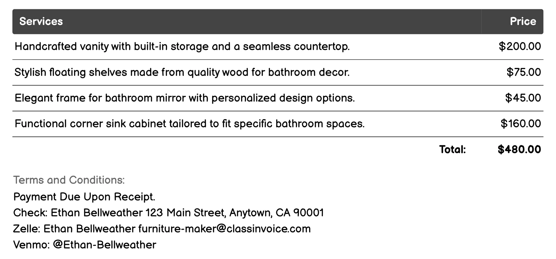 Bathroom Furniture Invoice Example