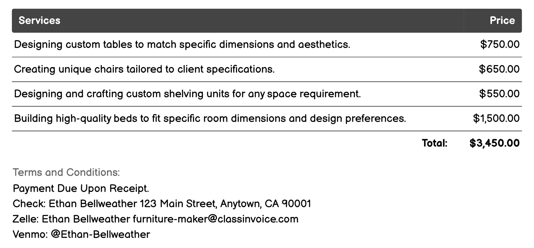 Custom Furniture Design Invoice Example