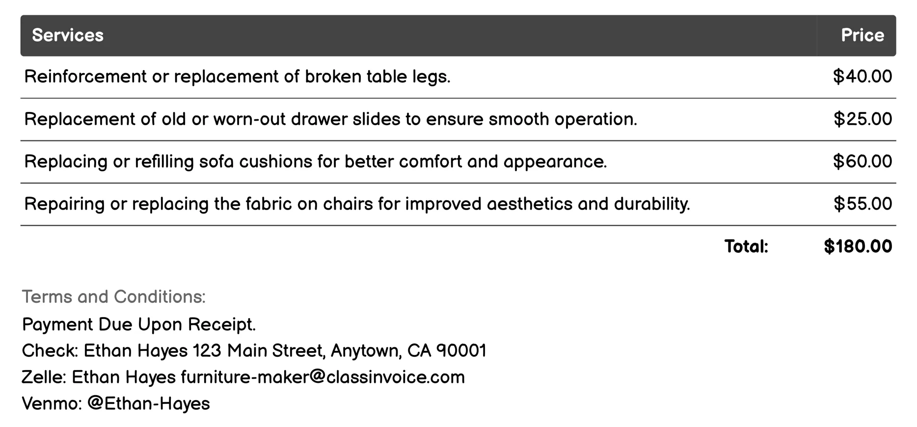 Furniture Repairs Invoice Example