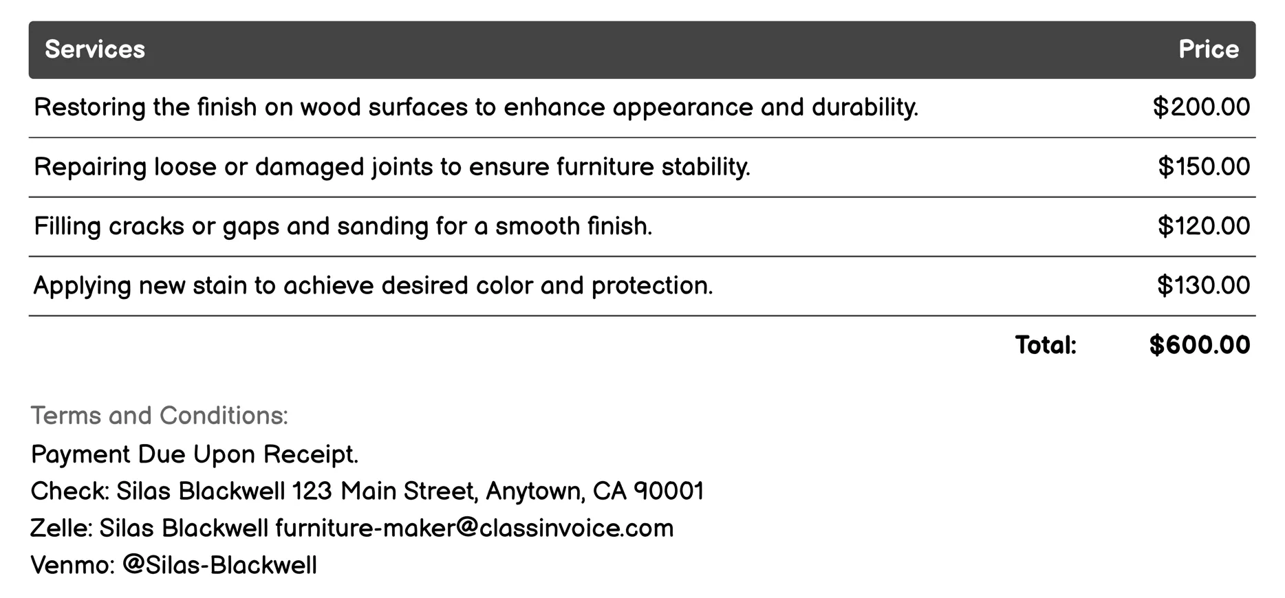 Furniture Restoration Invoice Example