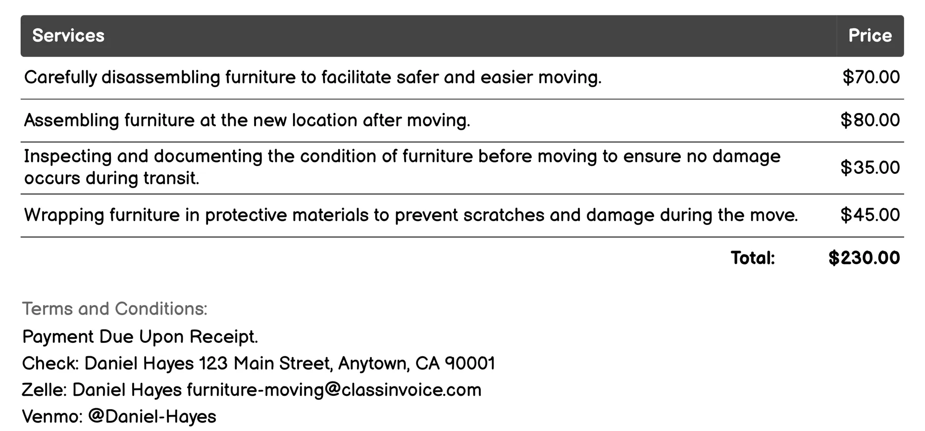 Furniture Cleaning and Inspection Invoice Example