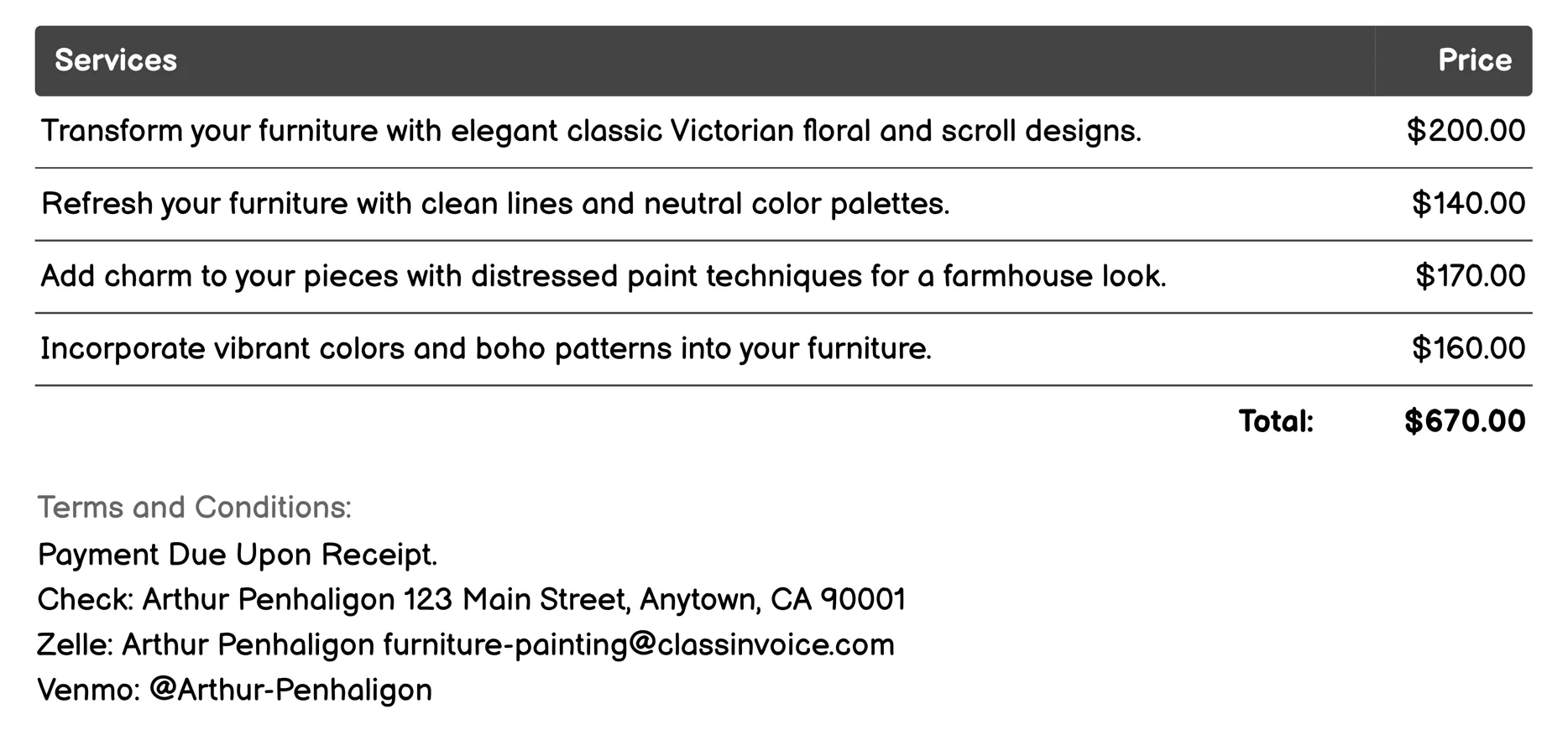 Theme-Based Furniture Painting Invoice Example