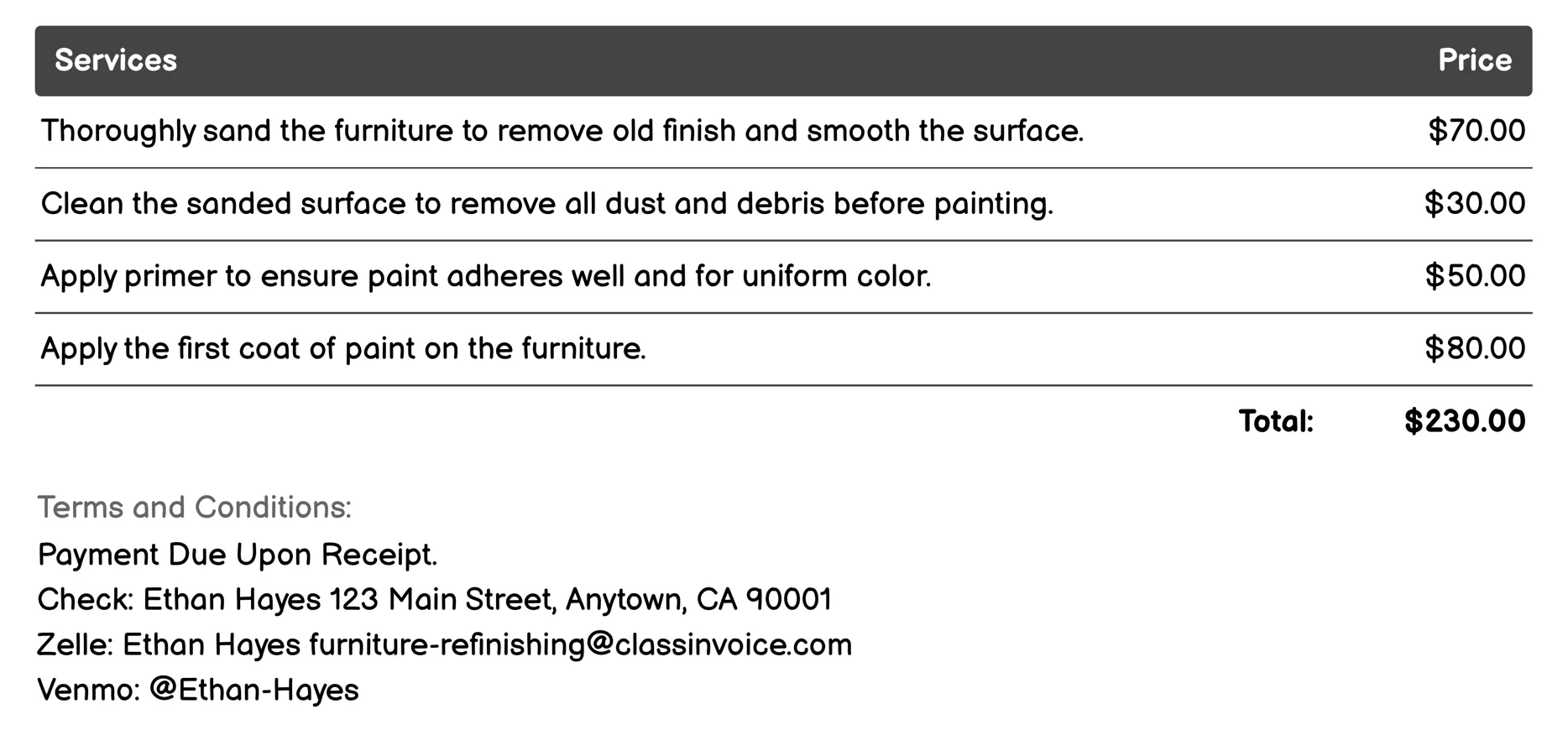 Paint Refinishing Invoice Example