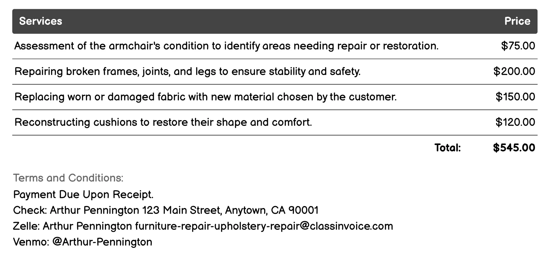 Armchair Restoration Invoice Example