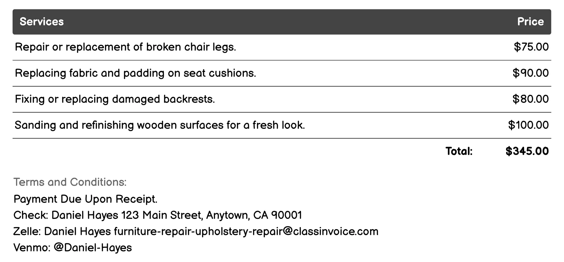 Chair Repair Service Invoice Example