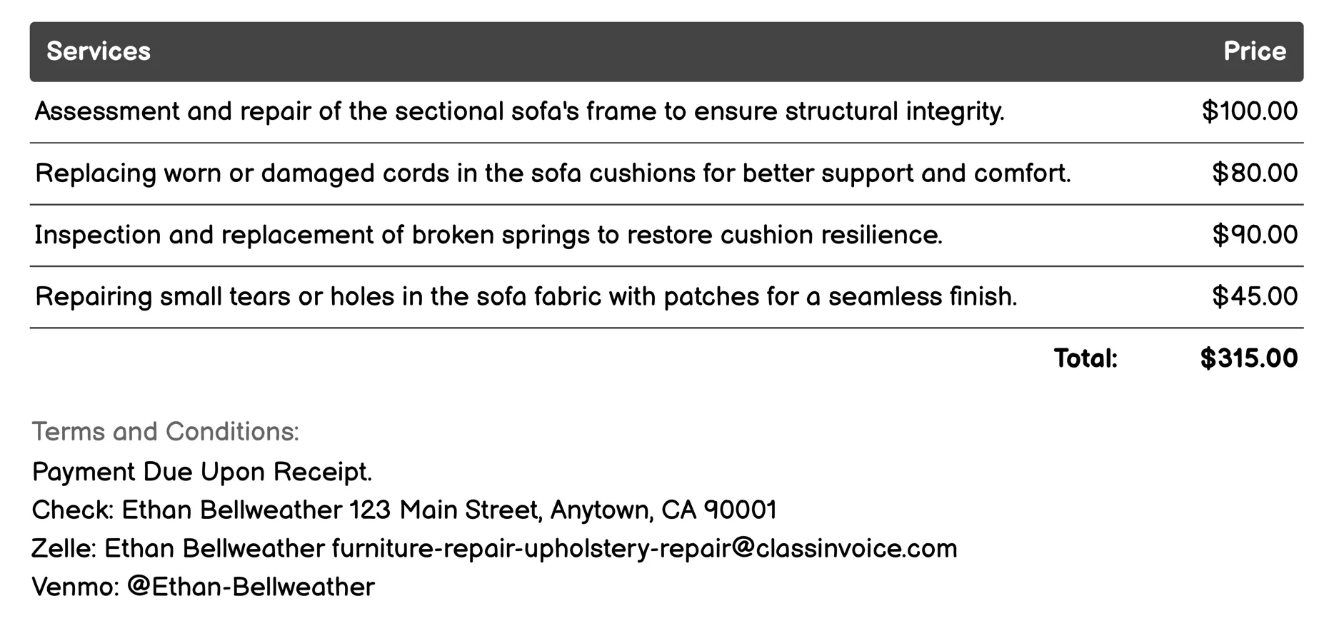 Sectional Sofa Repair Invoice Example