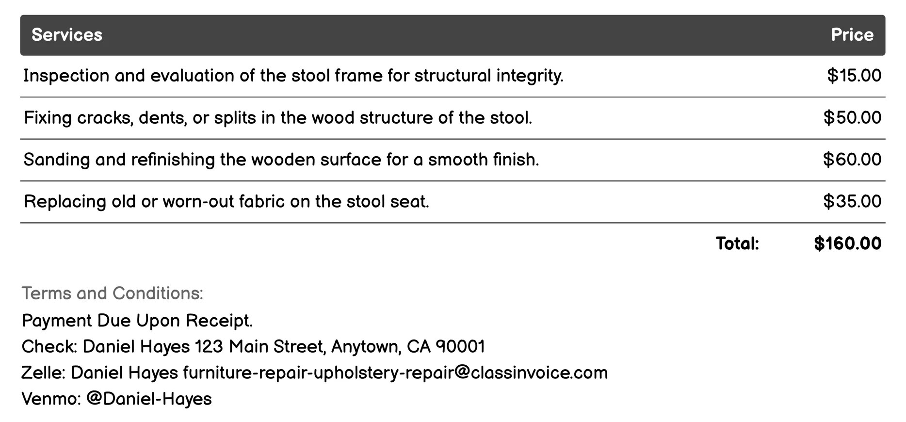 Stool Revitalization Invoice Example