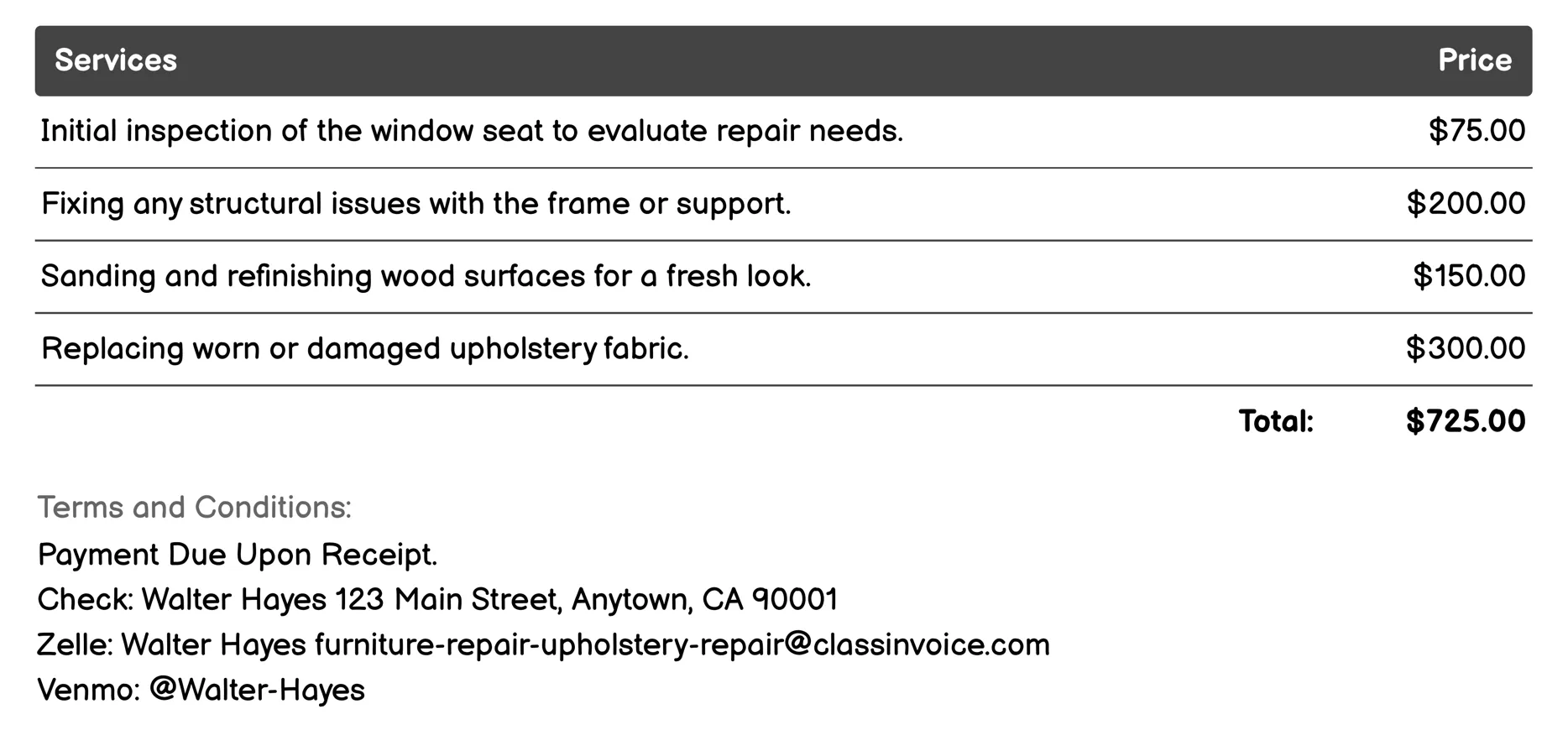 Window Seat Restoration Invoice Example