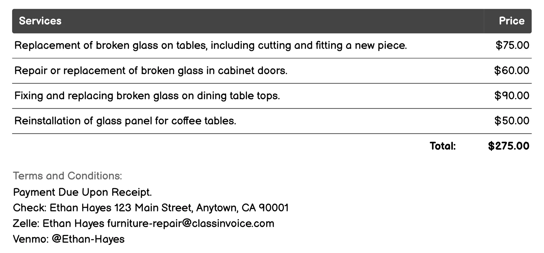 Broken Glass Replacement Invoice Example