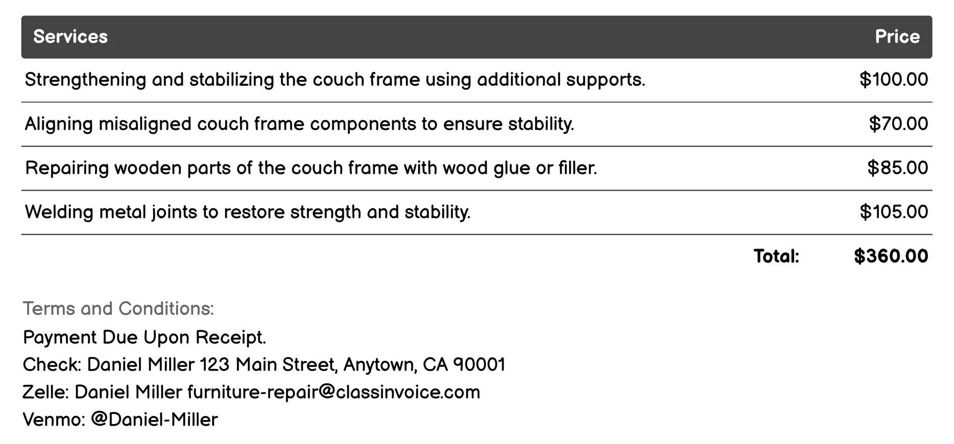Couch Frame Repair Invoice Example