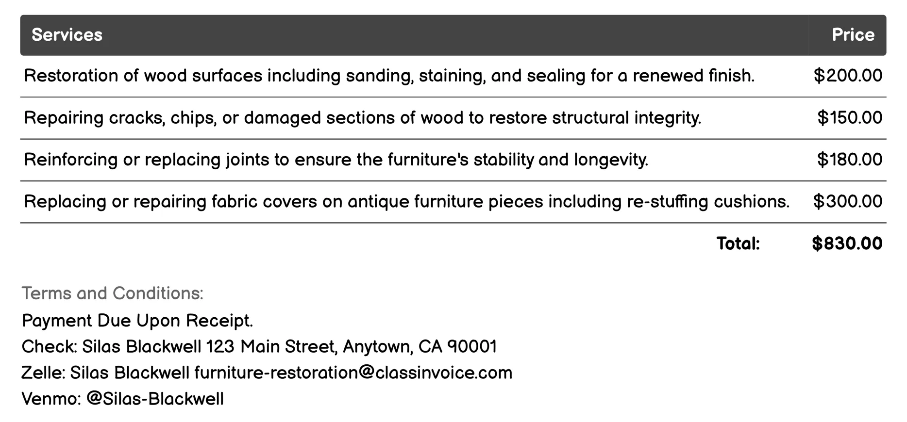 Antique Restoration Invoice Example