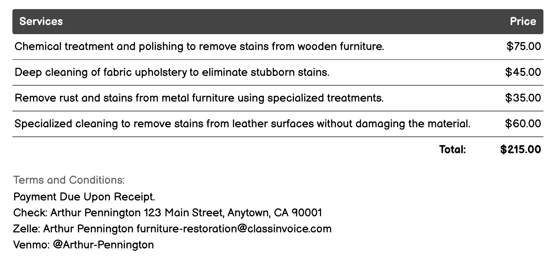 Stain Removal Invoice Example