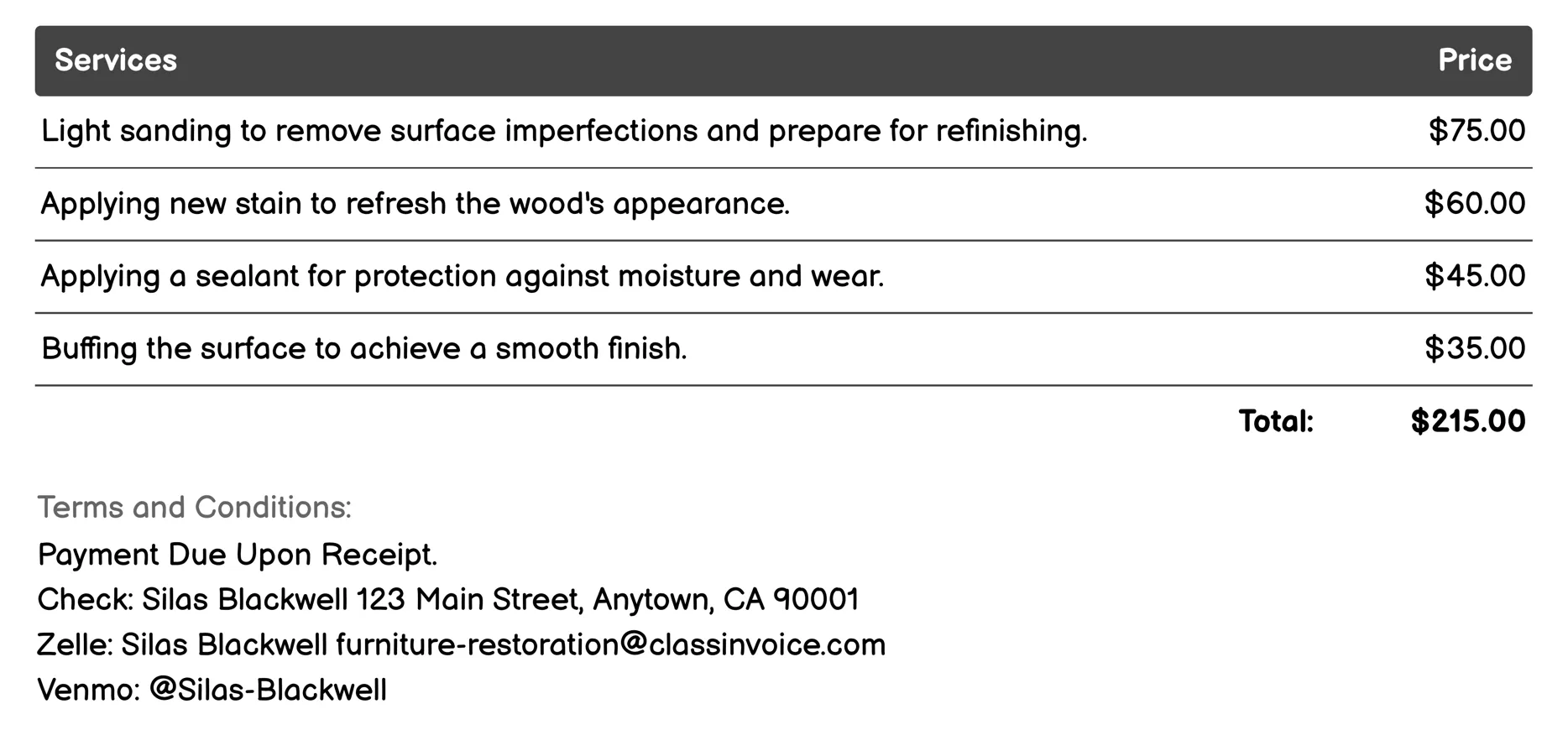 Wood Refinishing Invoice Example