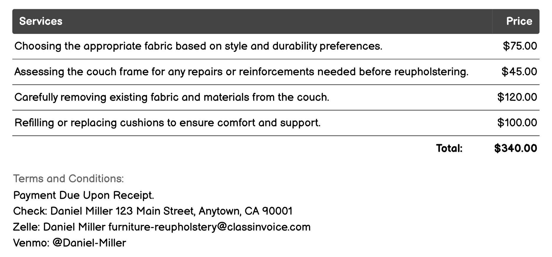 Couch Reupholstery Invoice Example