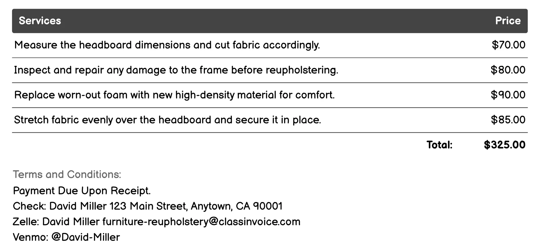 Headboard Reupholstery Invoice Example