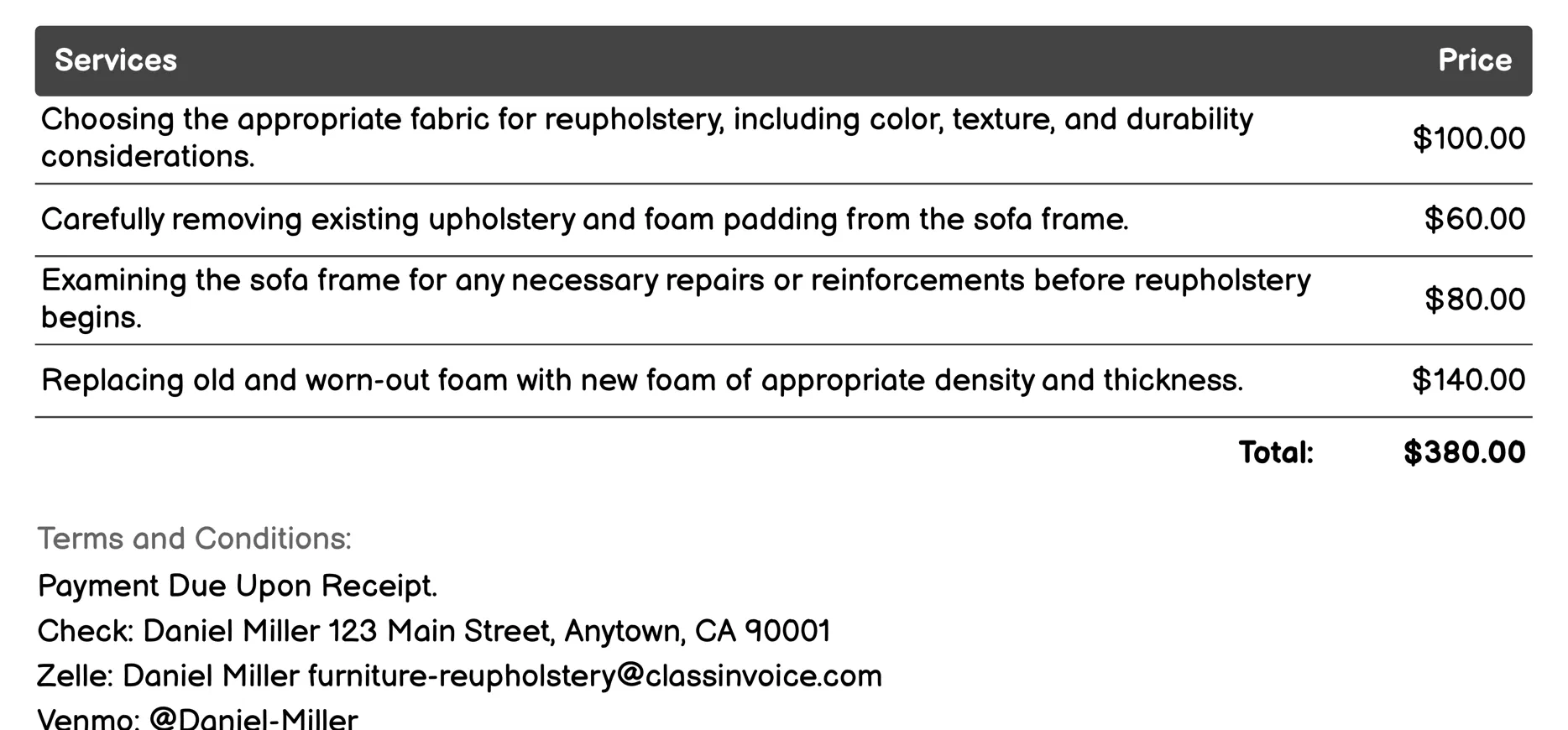 Sofa Reupholstery Invoice Example