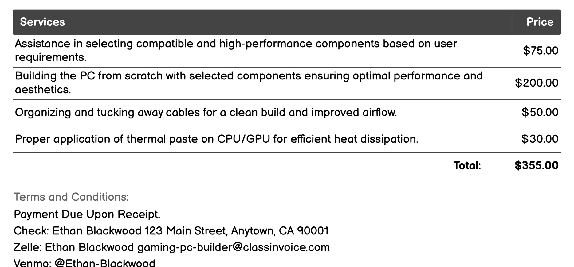 Custom PC Building Invoice Example