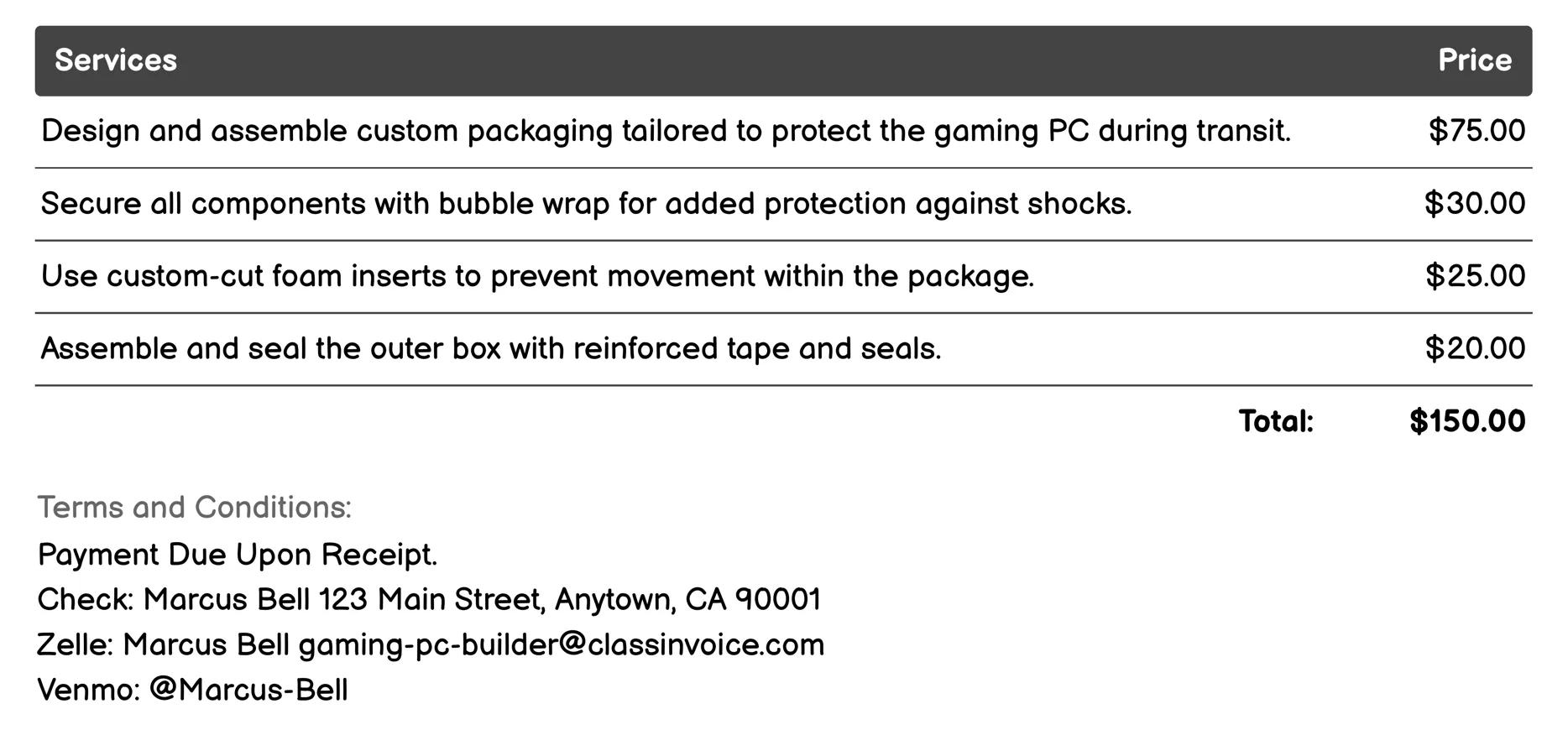 Packaging and Delivery Invoice Example